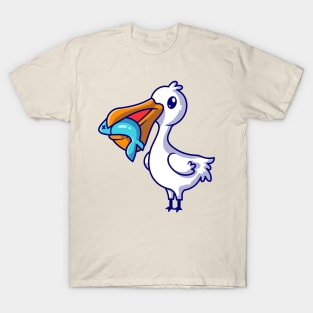 Cute Pelican Eat Fish Cartoon T-Shirt